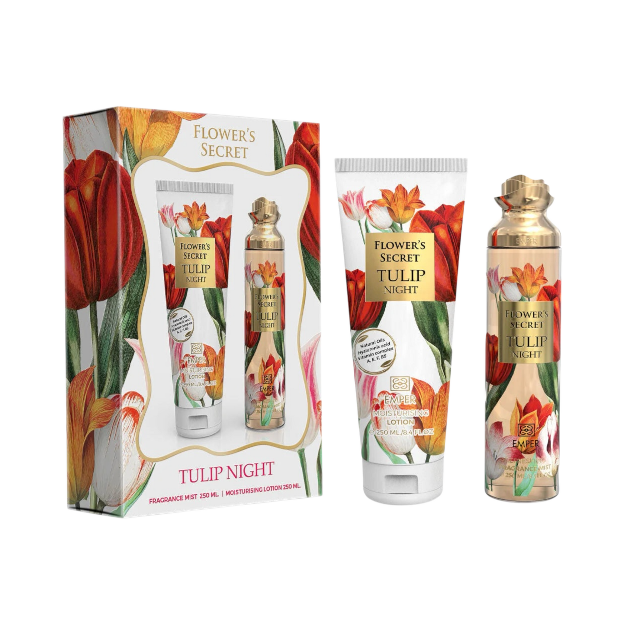 🌷 Kit Body Splash Emper + Creme Hidratante – Flowers Secret Tulip Night Feminino 250ml