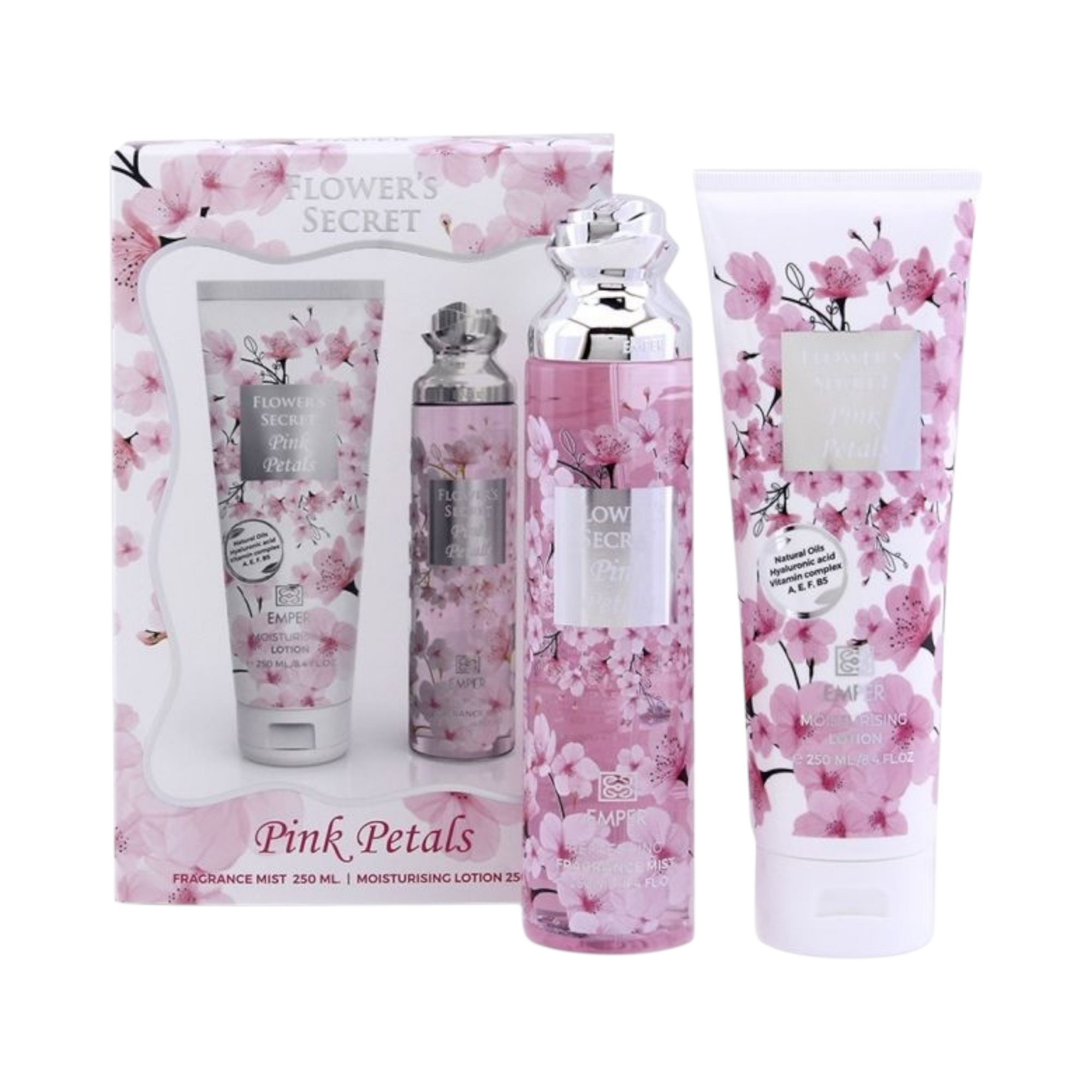 🌸 Kit Body Splash + Creme Hidratante – Flowers Secret Pink Petals Feminino 250ml