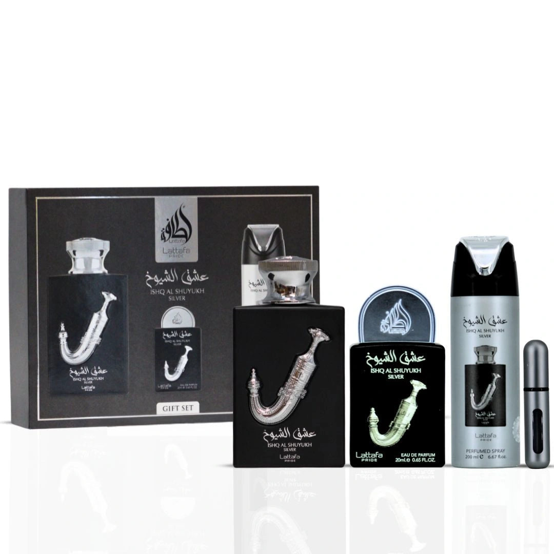 ⚪ Perfume Masculino – Lattafa Ishq Al Shuyukh Silver Gift Set