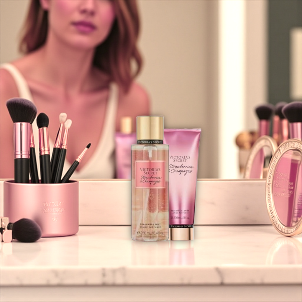 🍓 Kit Feminino Victoria’s Secret Strawberry &amp; Champagne – Body Splash 250ml + Creme Hidratante 236ml