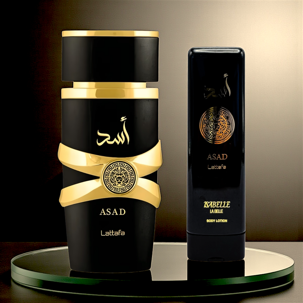 🖤 KIT MASCULINO – LATTAFA ASAD TRADICIONAL 100ML + ISABELLE LÁ BELLE CREME CORPORAL 200ML