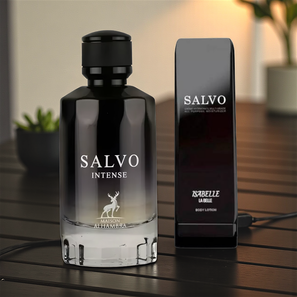 🖤 KIT MASCULINO – MAISON ALHAMBRA SALVO INTENSE MAN 100ML + ISABELLE LÁ BELLE CREME CORPORAL 200ML