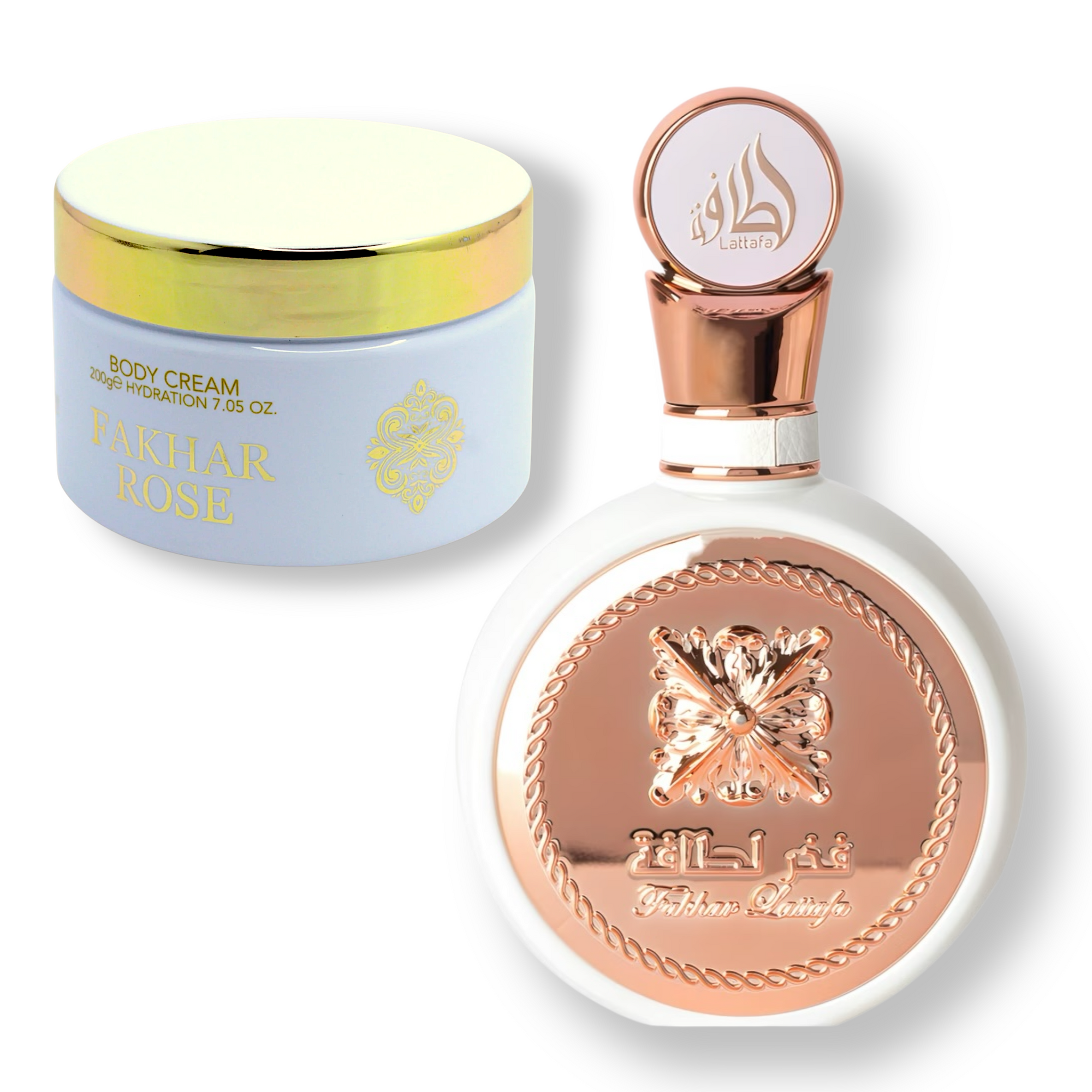 🌹 KIT FEMININO – LATTAFA FAKHAR ROSE 100ML + ISABELLE LÁ BELLE PASTA CORPORAL 200ML