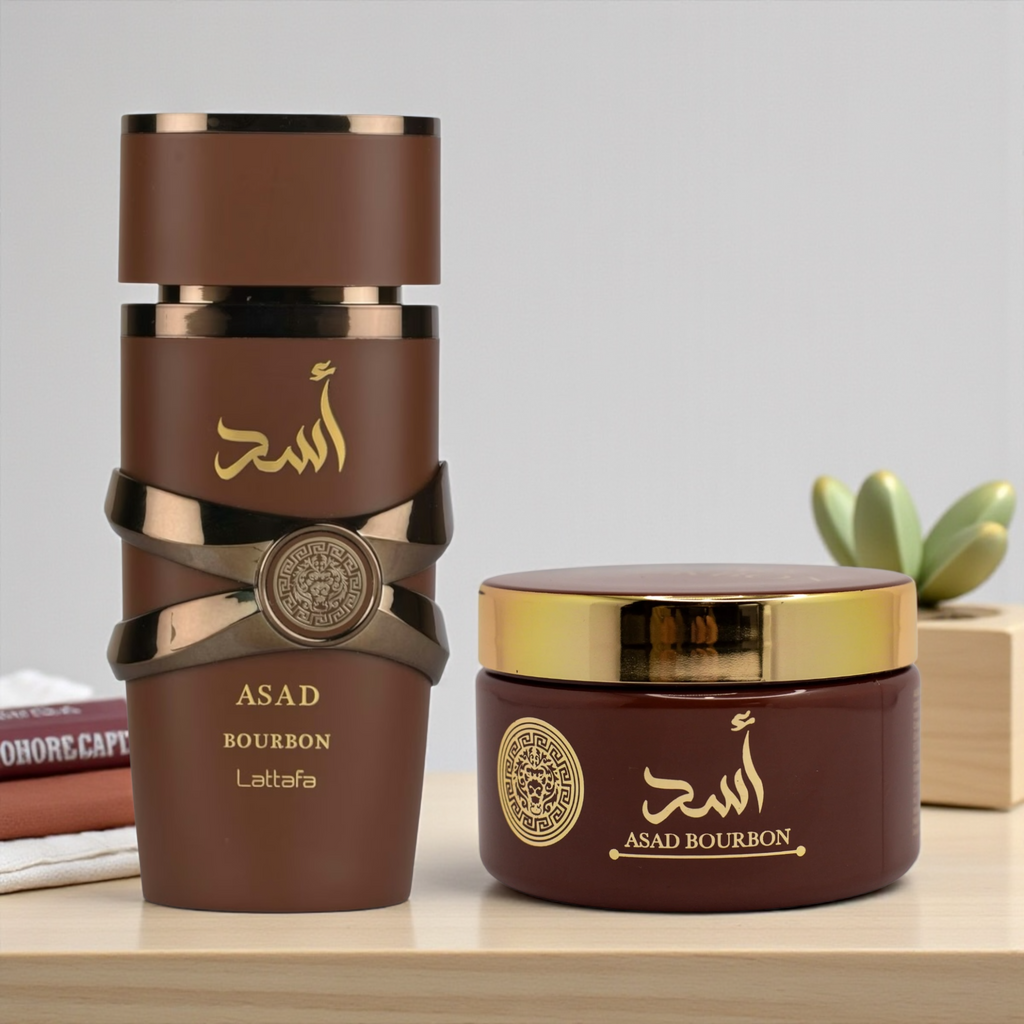 🖤 KIT MASCULINO – LATTAFA ASAD BOURBON 100ML + ISABELLE LÁ BELLE PASTA CORPORAL 200ML