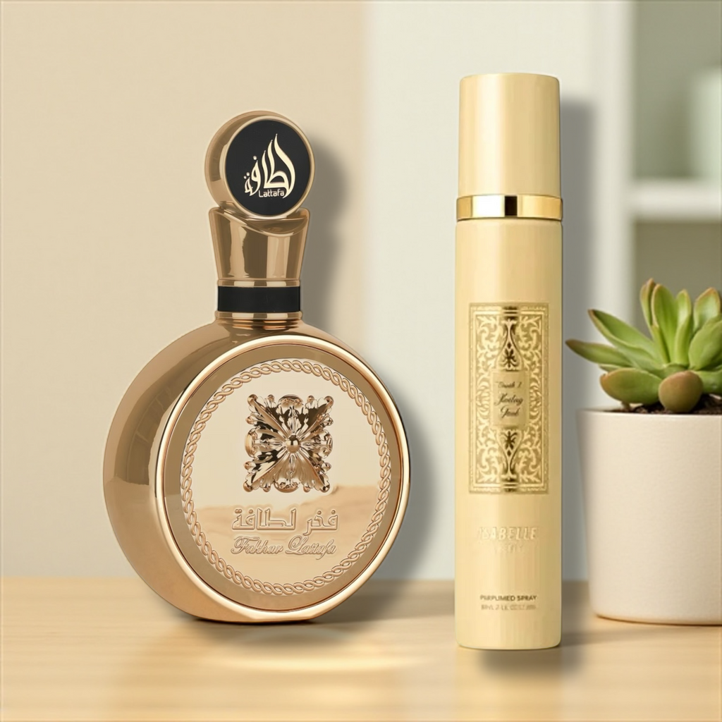 💛 KIT UNISSEX – LATTAFA FAKHAR GOLD 100ML + SPRAY CORPORAL 300ML